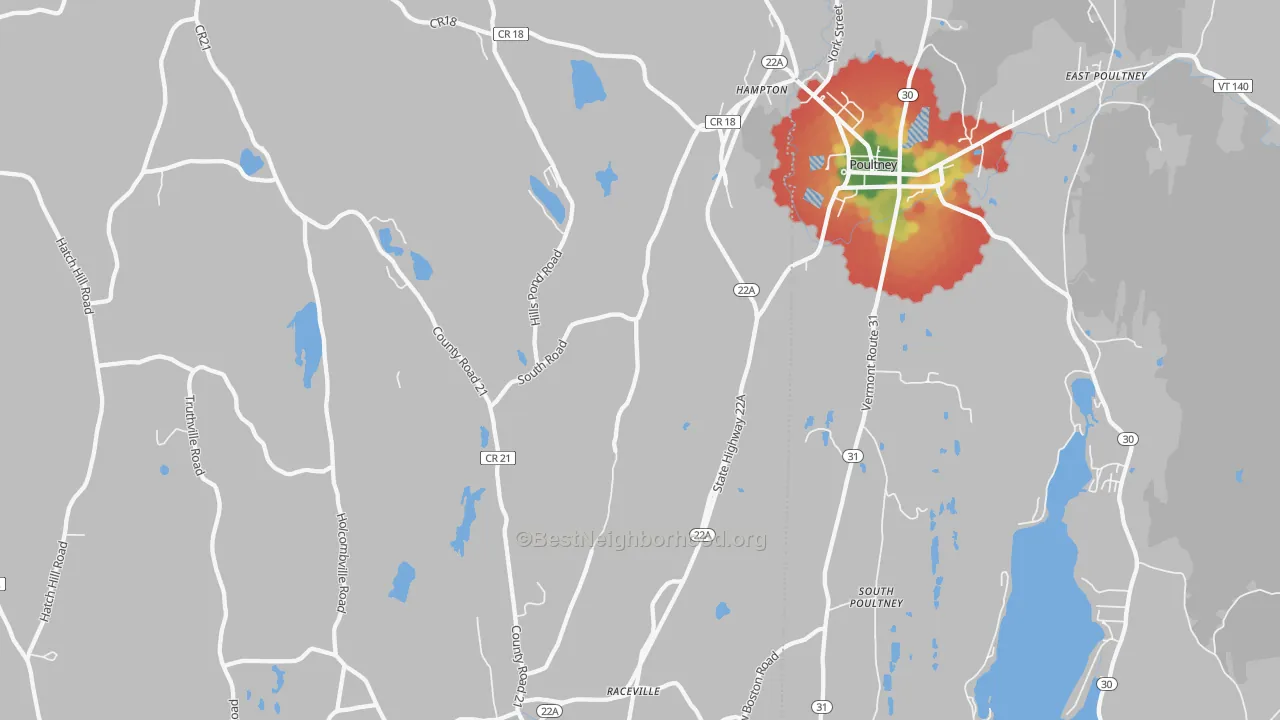 Walk Grade map of 12837, NY, walkable areas in green and car-dependent areas in red