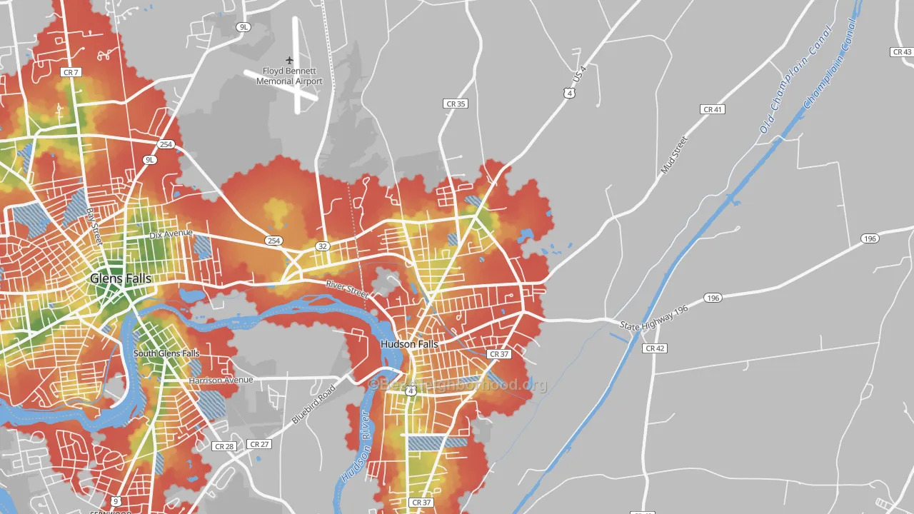 Walk Grade map of 12839, NY, walkable areas in green and car-dependent areas in red