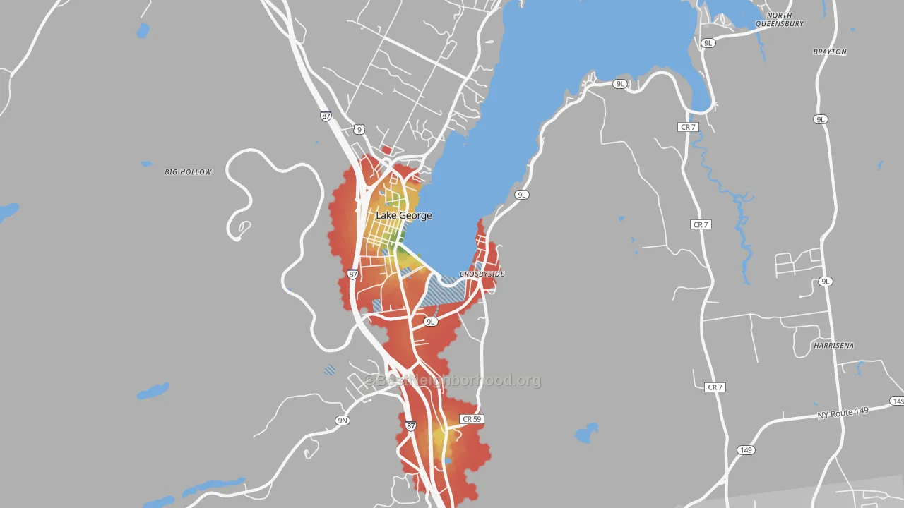 Walk Grade map of 12845, NY, walkable areas in green and car-dependent areas in red