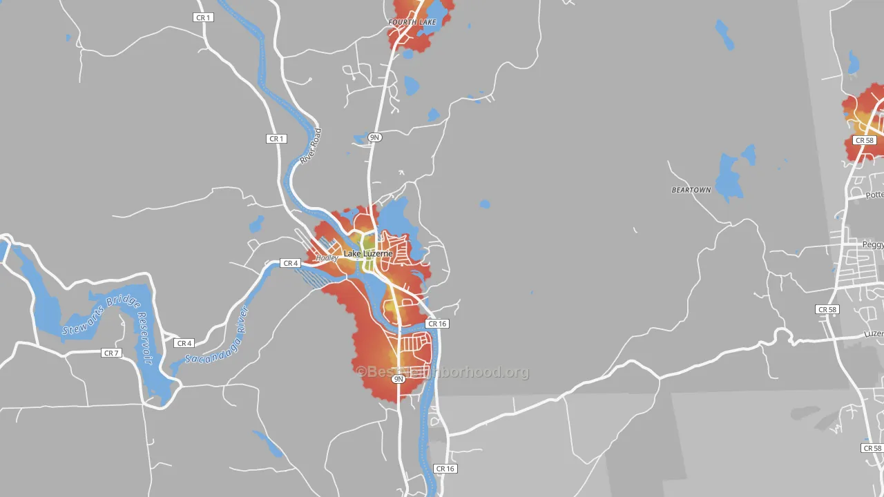 Walk Grade map of 12846, NY, walkable areas in green and car-dependent areas in red