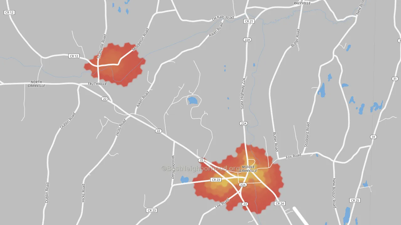 Walk Grade map of 12849, NY, walkable areas in green and car-dependent areas in red