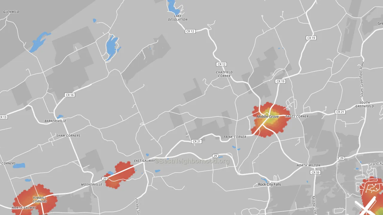 Walk Grade map of 12850, NY, walkable areas in green and car-dependent areas in red