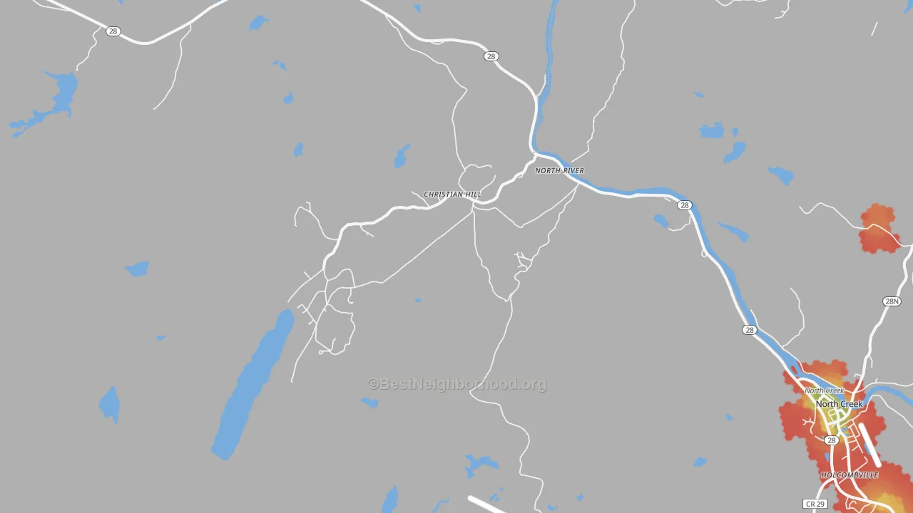 Walk Grade map of 12856, NY, walkable areas in green and car-dependent areas in red