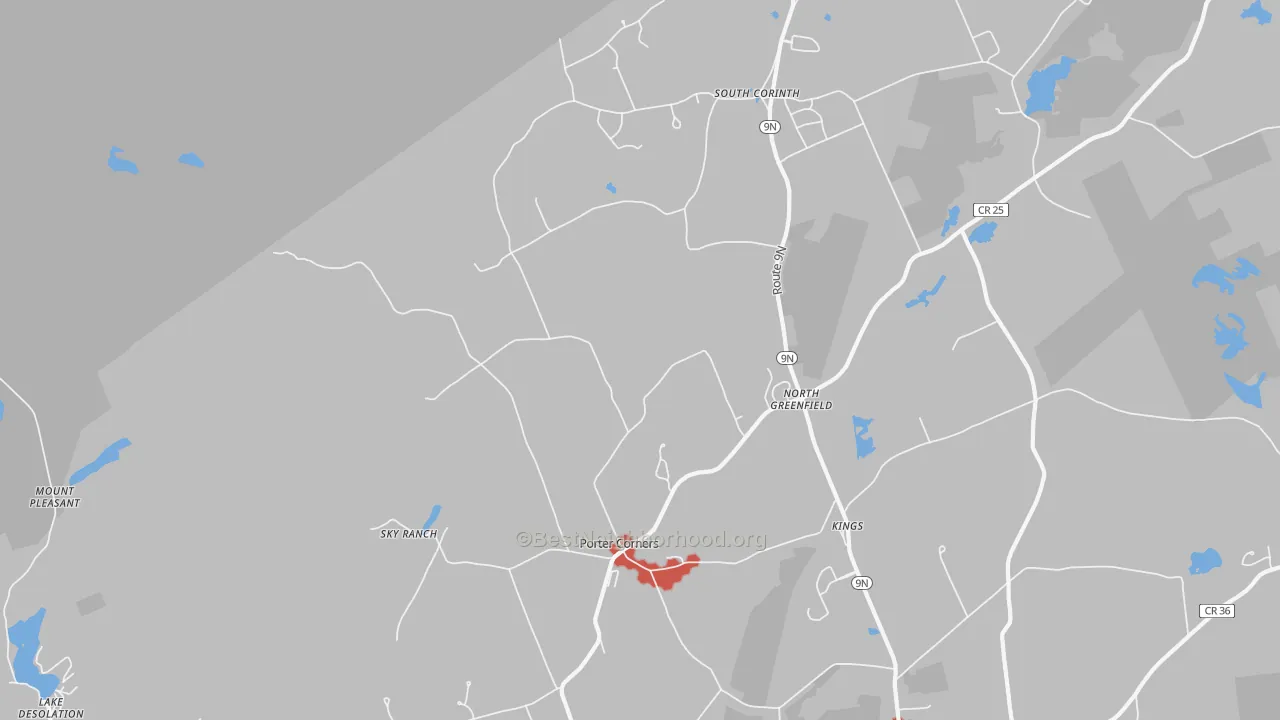 Walk Grade map of 12859, NY, walkable areas in green and car-dependent areas in red