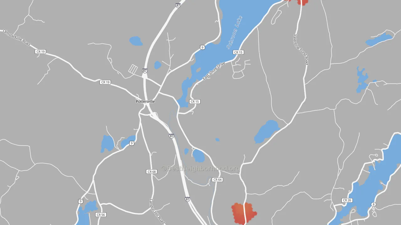 Walk Grade map of 12860, NY, walkable areas in green and car-dependent areas in red