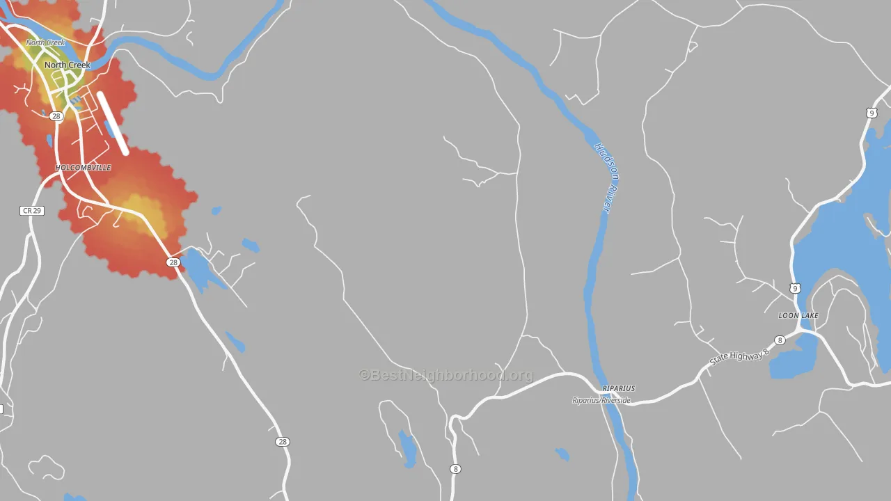 Walk Grade map of 12862, NY, walkable areas in green and car-dependent areas in red
