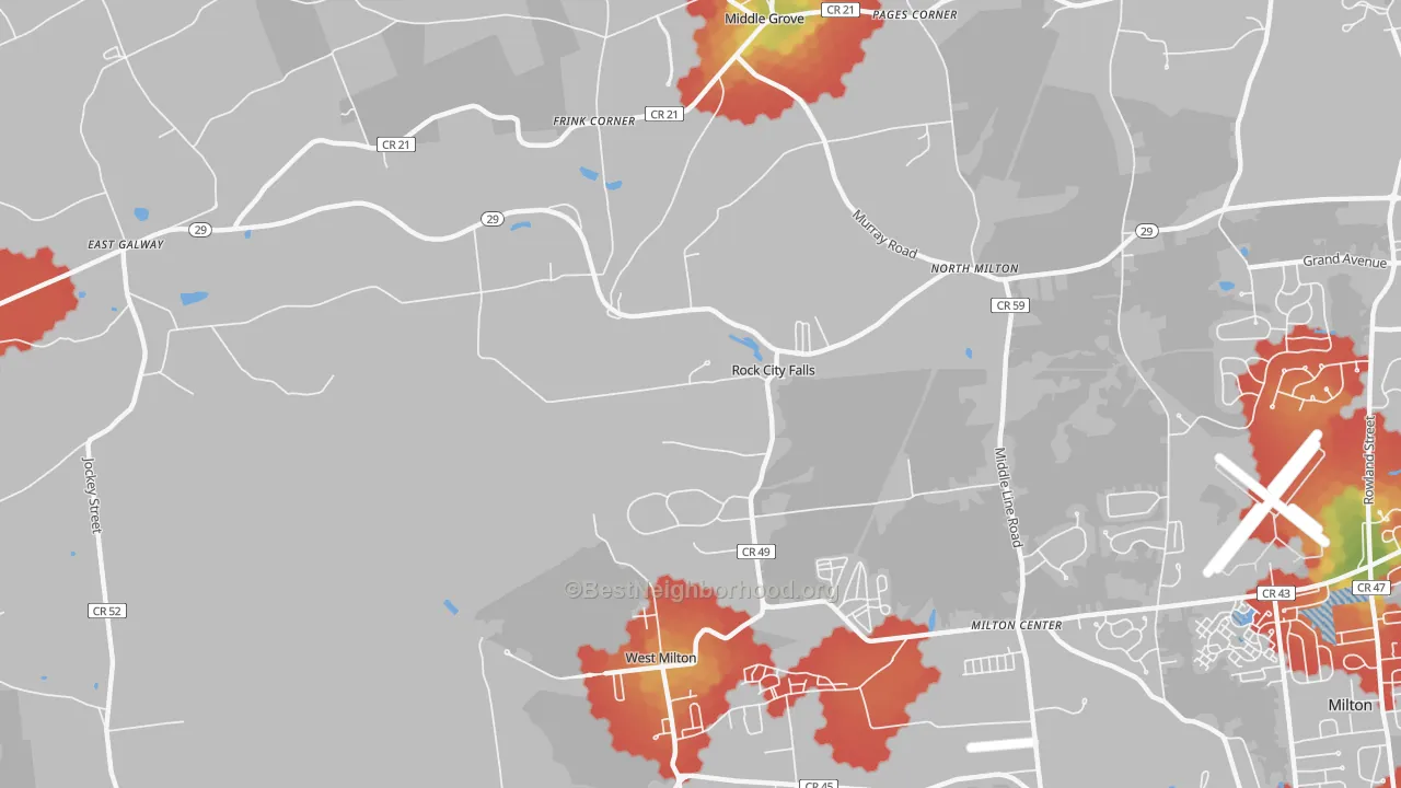 Walk Grade map of 12863, NY, walkable areas in green and car-dependent areas in red