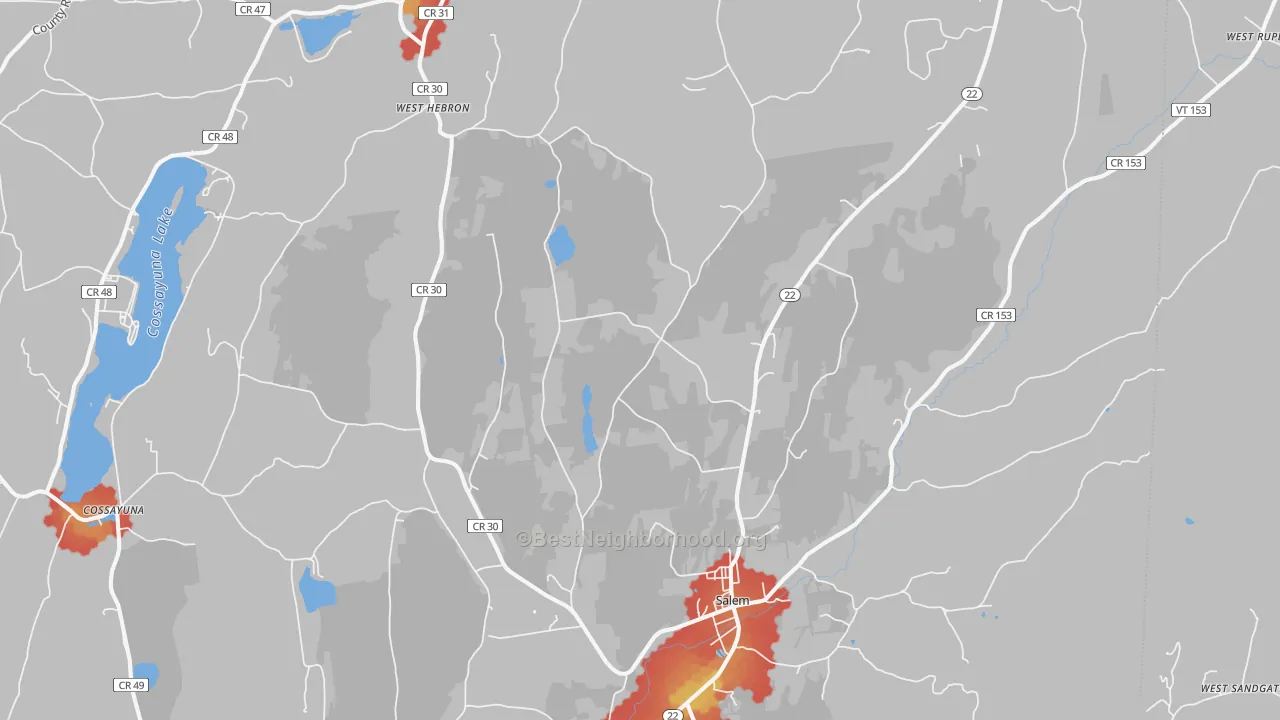 Walk Grade map of 12865, NY, walkable areas in green and car-dependent areas in red