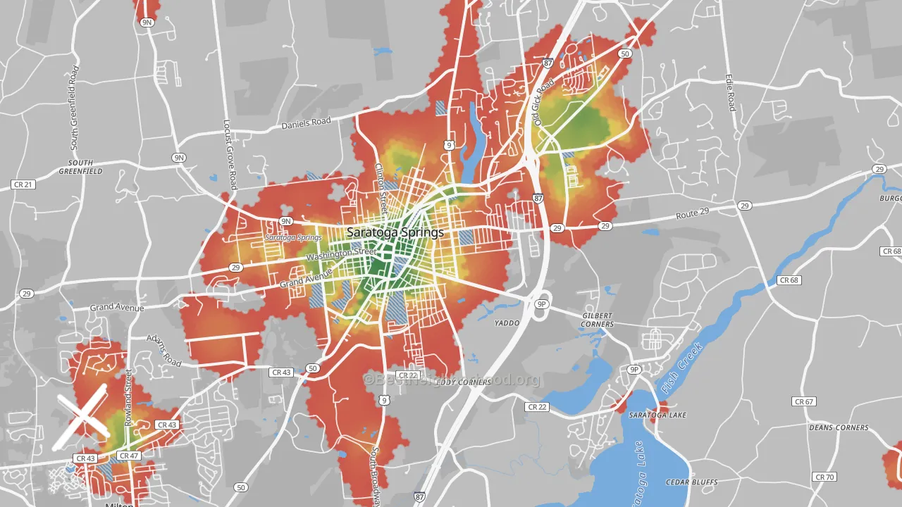Walk Grade map of 12866, NY, walkable areas in green and car-dependent areas in red