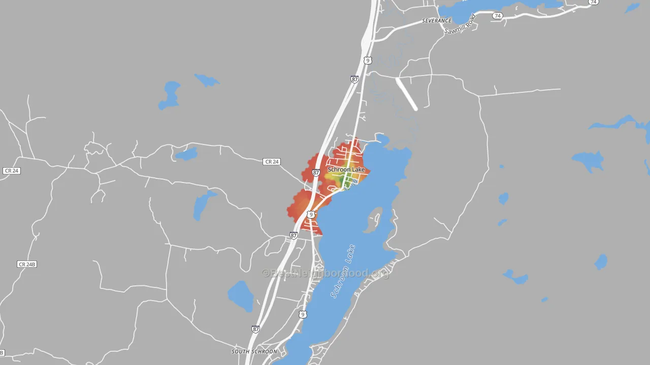 Walk Grade map of 12870, NY, walkable areas in green and car-dependent areas in red