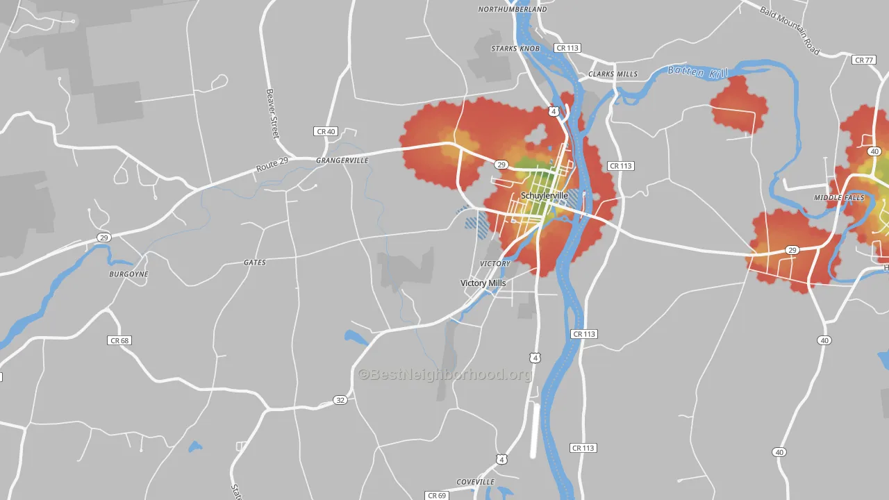 Walk Grade map of 12871, NY, walkable areas in green and car-dependent areas in red
