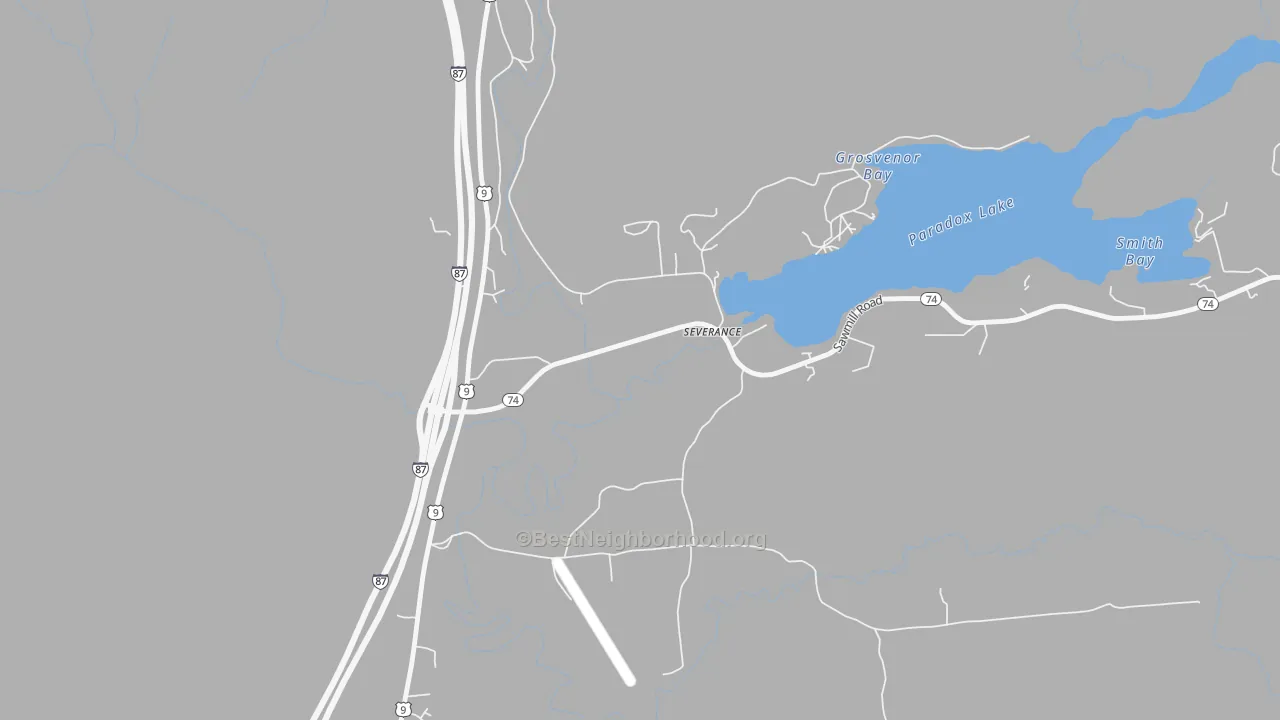 Walk Grade map of 12872, NY, walkable areas in green and car-dependent areas in red