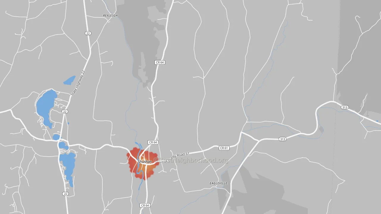 Walk Grade map of 12873, NY, walkable areas in green and car-dependent areas in red