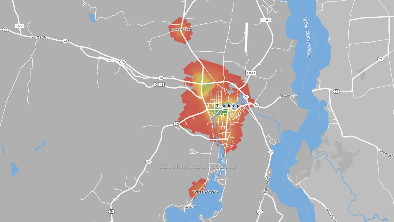 Walk Grade map of 12883, NY, walkable areas in green and car-dependent areas in red