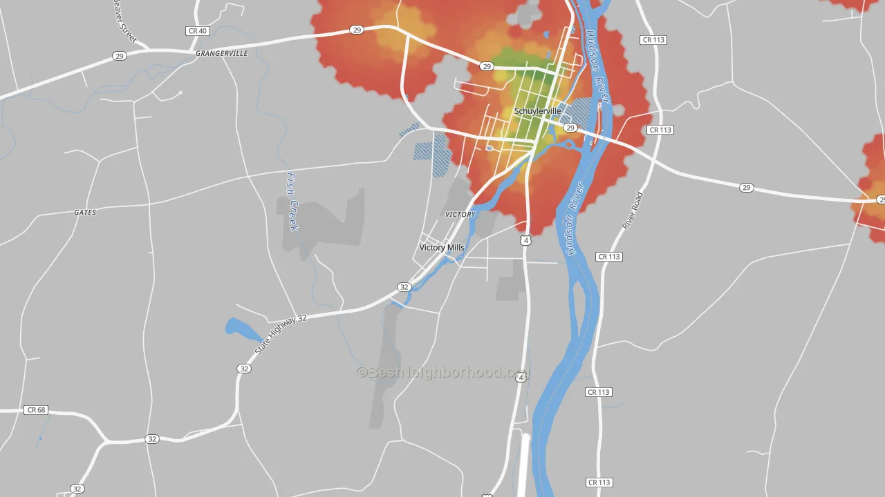 Walk Grade map of 12884, NY, walkable areas in green and car-dependent areas in red