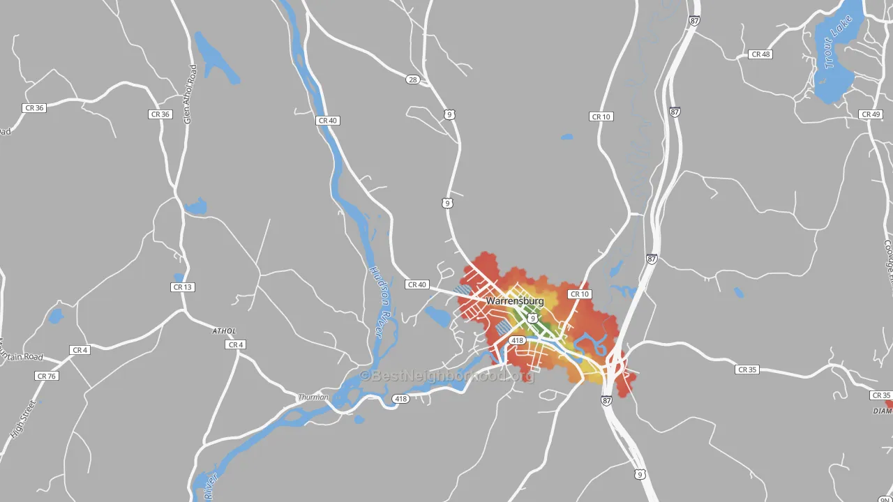 Walk Grade map of 12885, NY, walkable areas in green and car-dependent areas in red