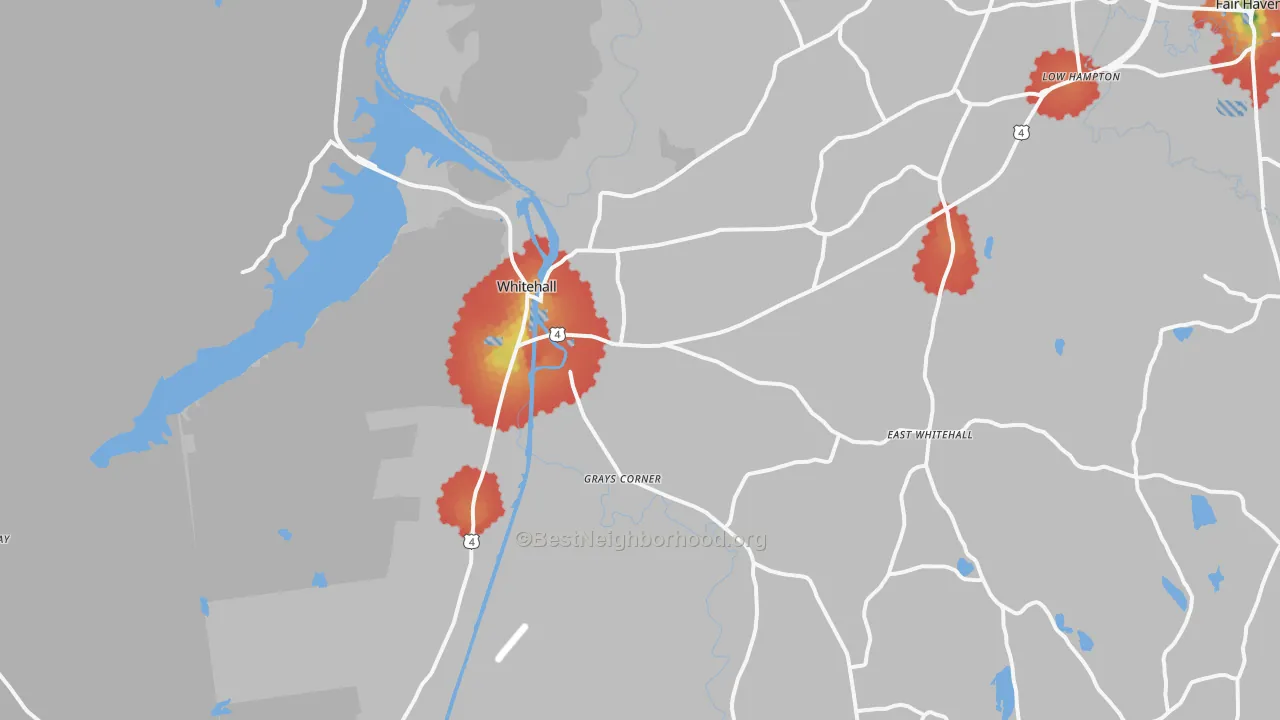 Walk Grade map of 12887, NY, walkable areas in green and car-dependent areas in red