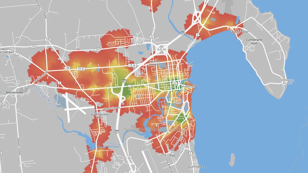 Walk Grade map of 12901, NY, walkable areas in green and car-dependent areas in red