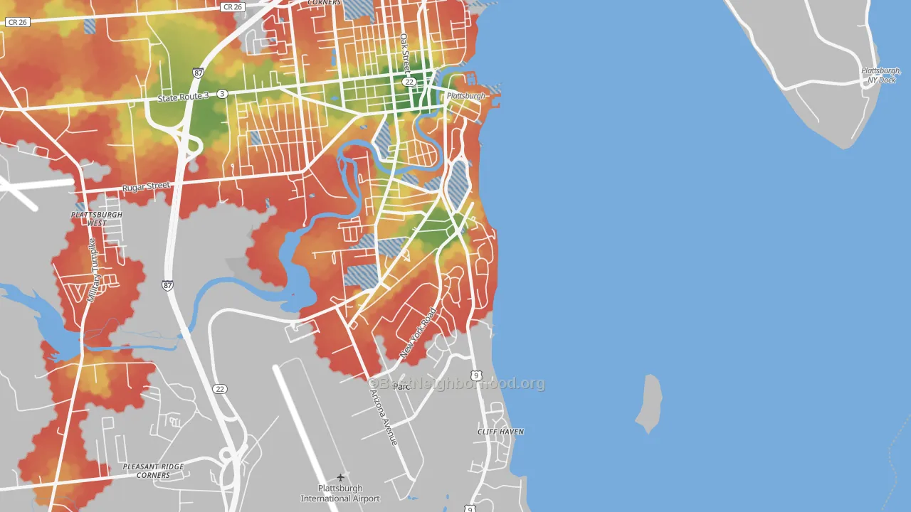 Walk Grade map of 12903, NY, walkable areas in green and car-dependent areas in red