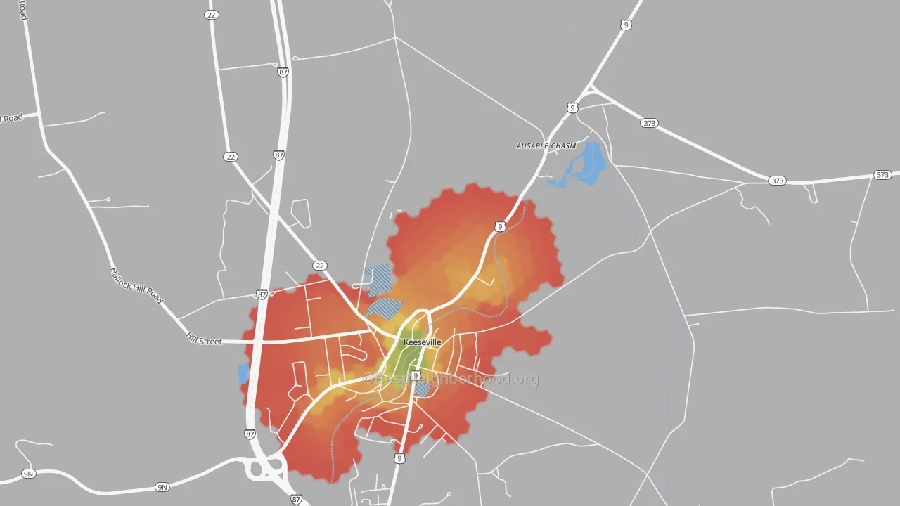 Walk Grade map of 12911, NY, walkable areas in green and car-dependent areas in red