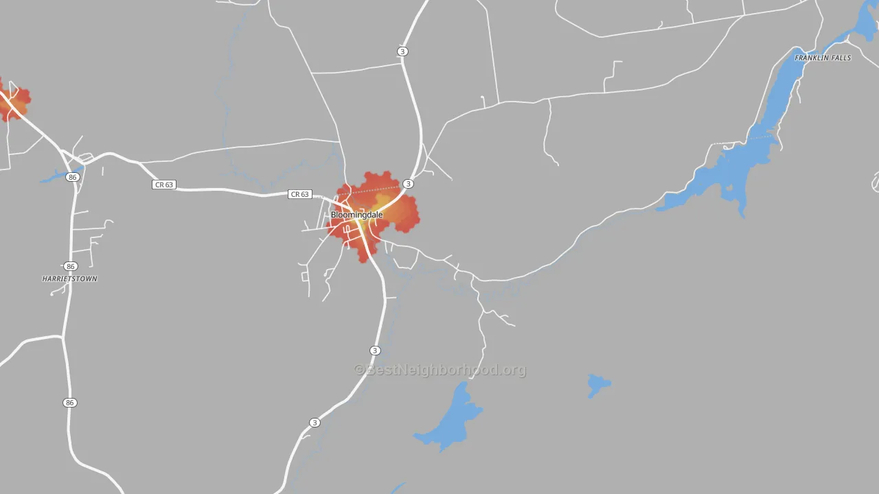 Walk Grade map of 12913, NY, walkable areas in green and car-dependent areas in red