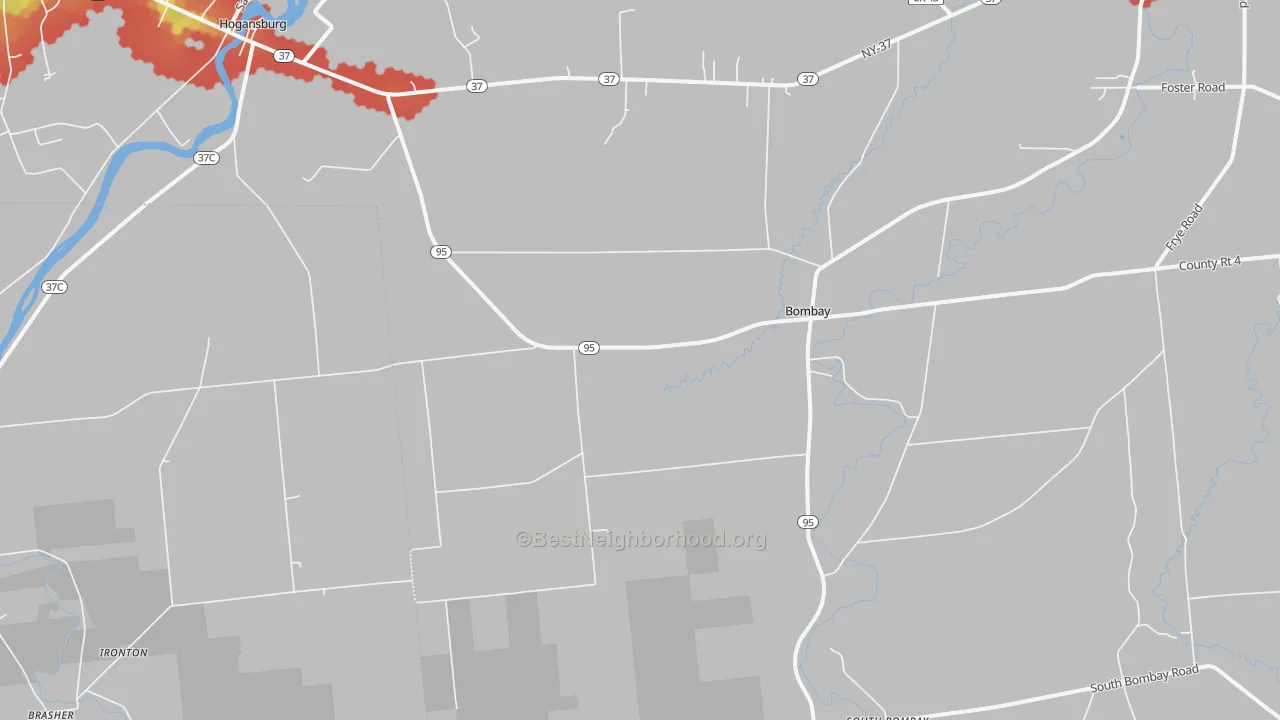 Walk Grade map of 12914, NY, walkable areas in green and car-dependent areas in red
