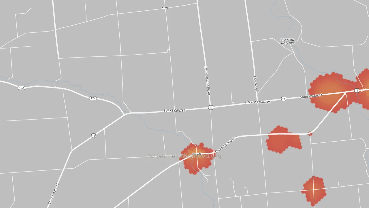 Walk Grade map of 12917, NY, walkable areas in green and car-dependent areas in red