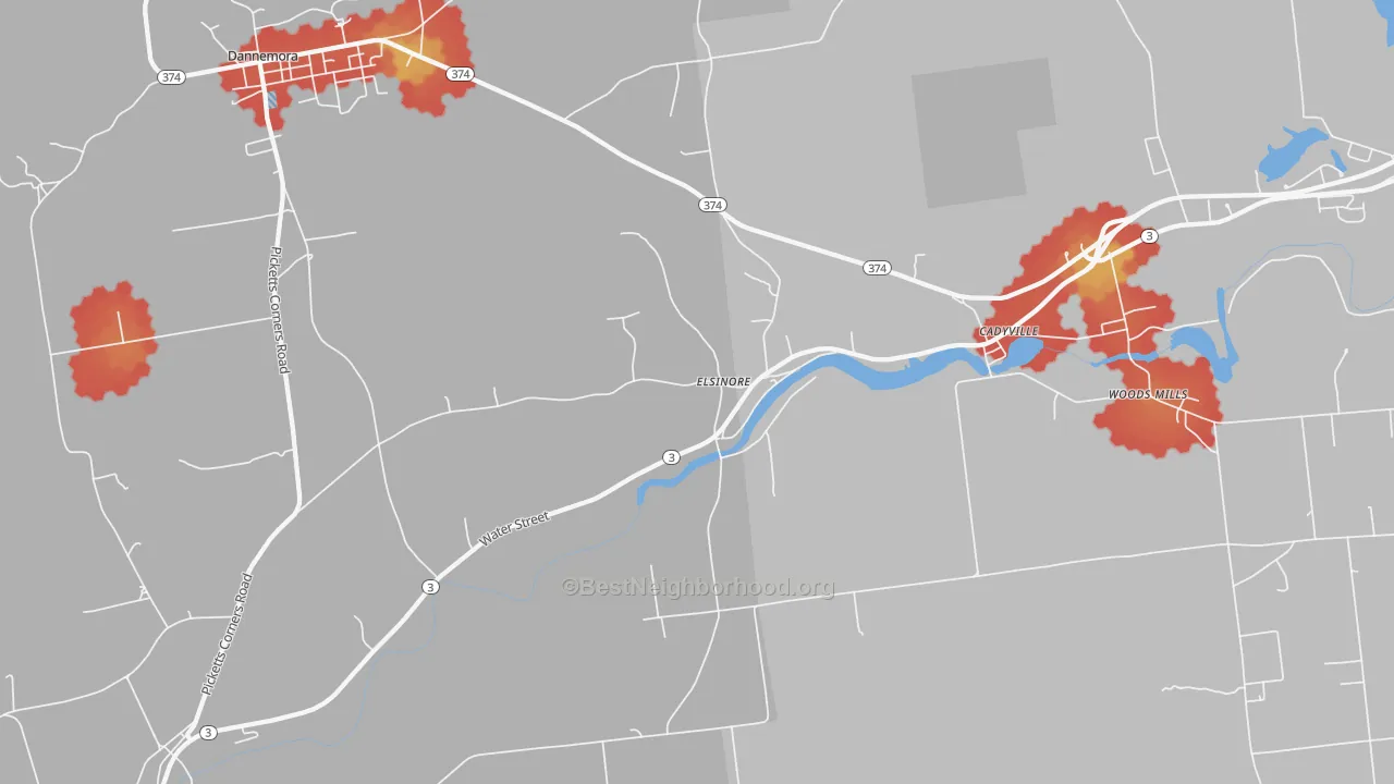 Walk Grade map of 12918, NY, walkable areas in green and car-dependent areas in red