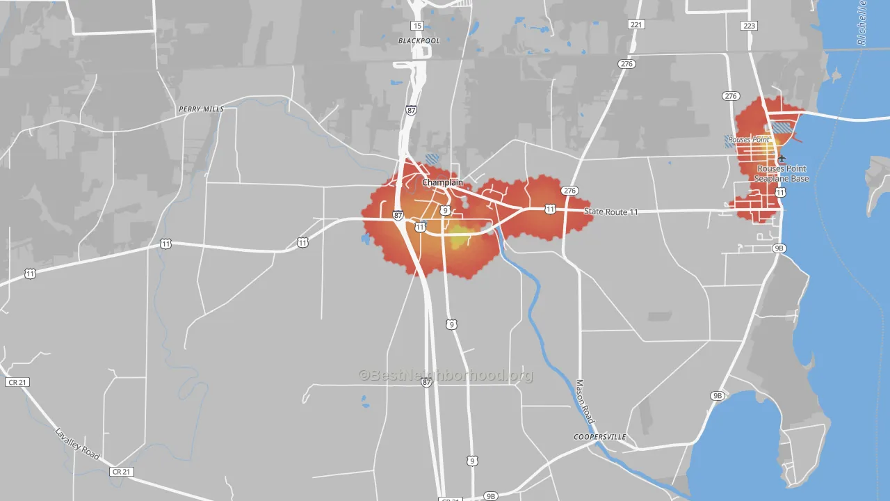 Walk Grade map of 12919, NY, walkable areas in green and car-dependent areas in red