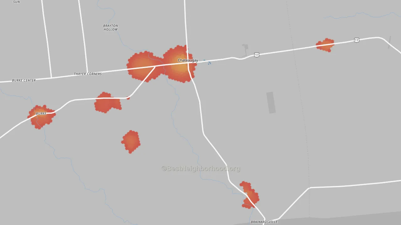 Walk Grade map of 12920, NY, walkable areas in green and car-dependent areas in red