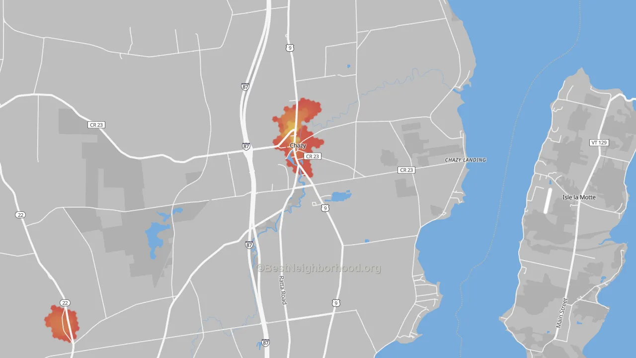 Walk Grade map of 12921, NY, walkable areas in green and car-dependent areas in red
