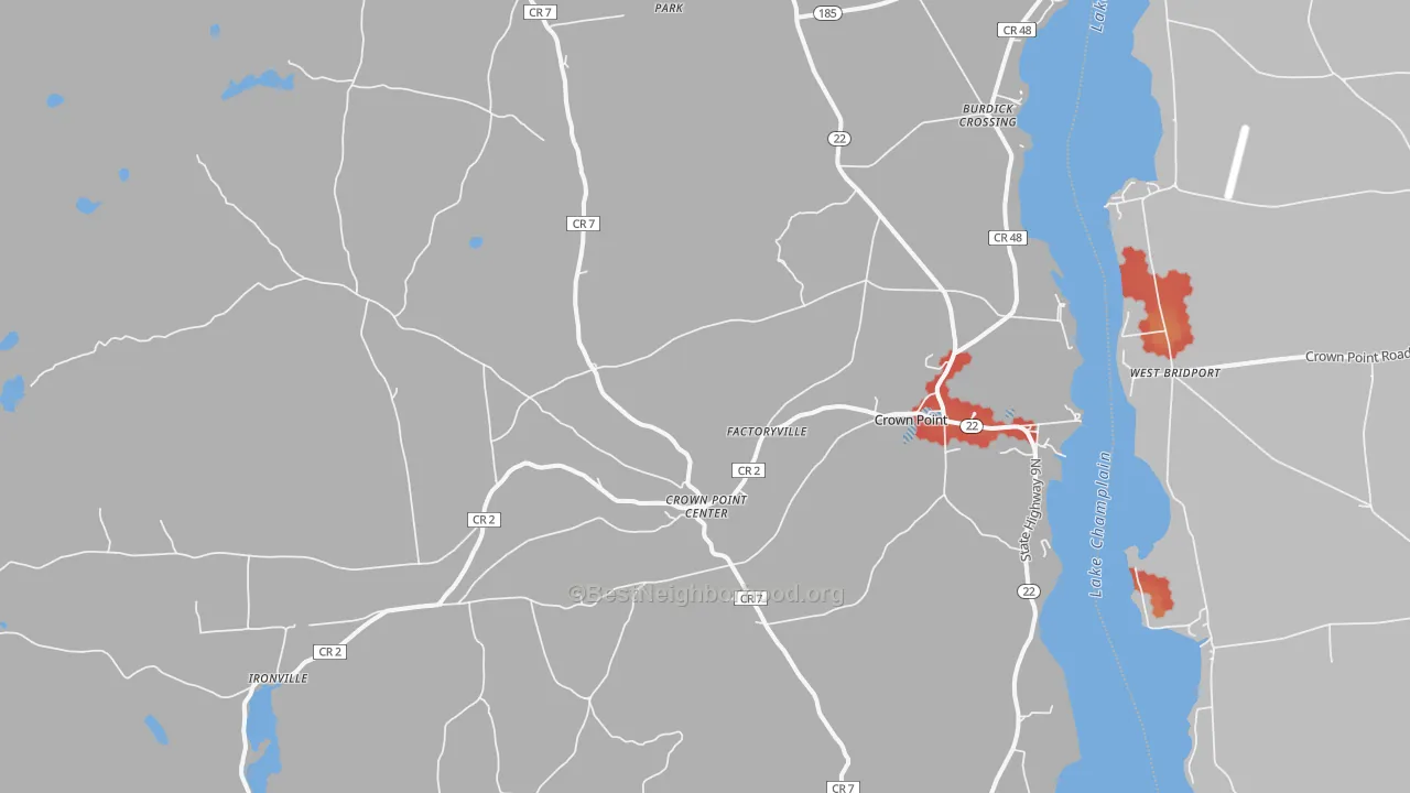 Walk Grade map of 12928, NY, walkable areas in green and car-dependent areas in red