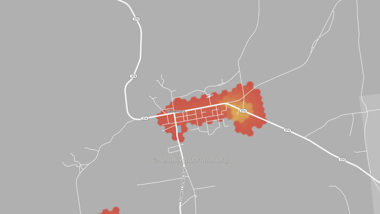 Walk Grade map of 12929, NY, walkable areas in green and car-dependent areas in red