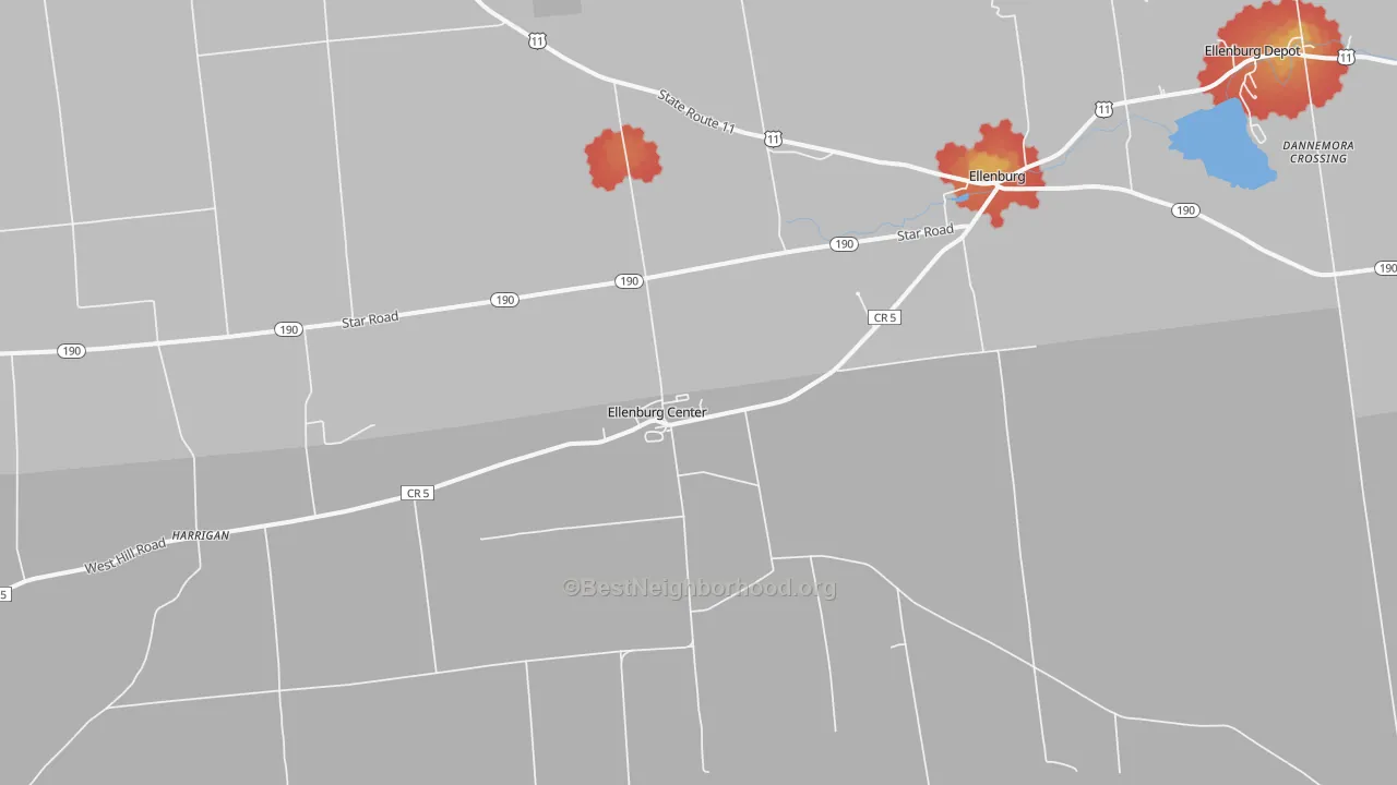 Walk Grade map of 12934, NY, walkable areas in green and car-dependent areas in red