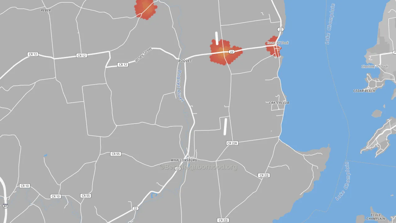 Walk Grade map of 12936, NY, walkable areas in green and car-dependent areas in red