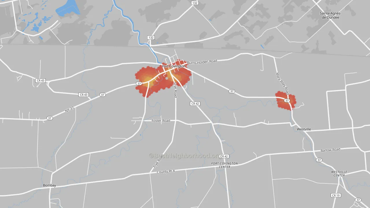 Walk Grade map of 12937, NY, walkable areas in green and car-dependent areas in red