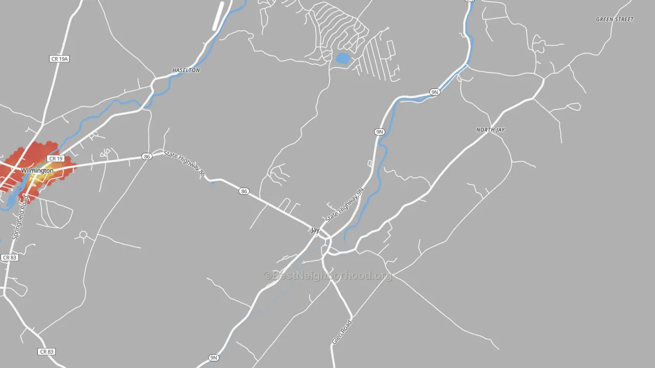 Walk Grade map of 12941, NY, walkable areas in green and car-dependent areas in red