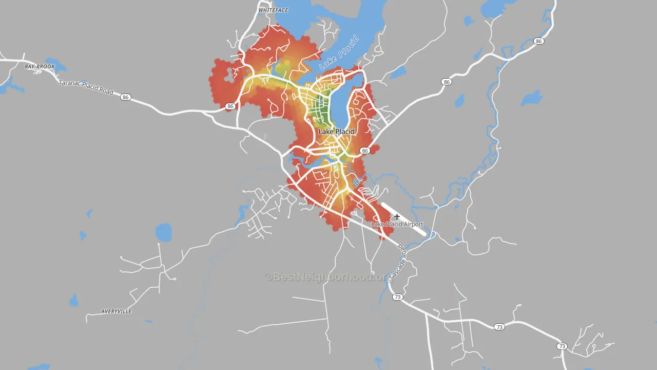 Walk Grade map of 12946, NY, walkable areas in green and car-dependent areas in red