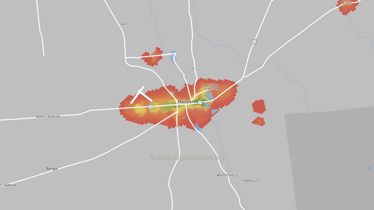 Walk Grade map of 12953, NY, walkable areas in green and car-dependent areas in red