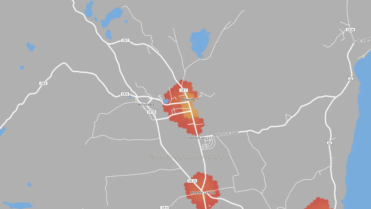 Walk Grade map of 12956, NY, walkable areas in green and car-dependent areas in red