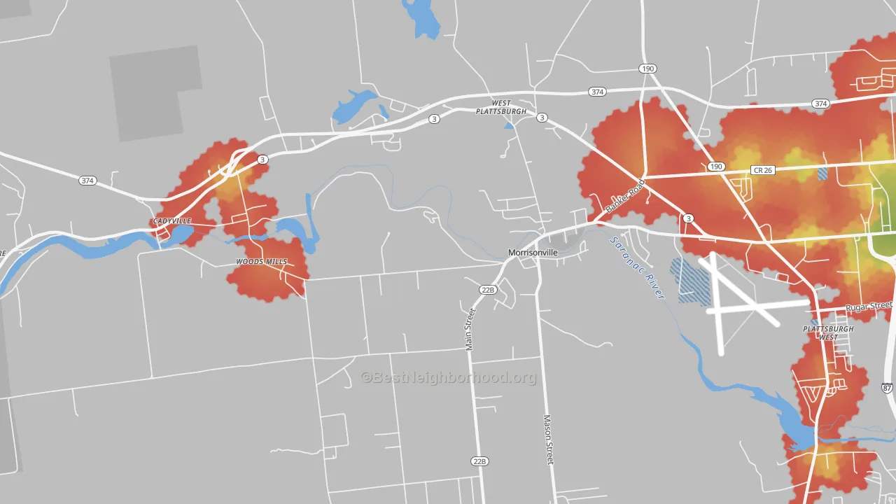 Walk Grade map of 12962, NY, walkable areas in green and car-dependent areas in red