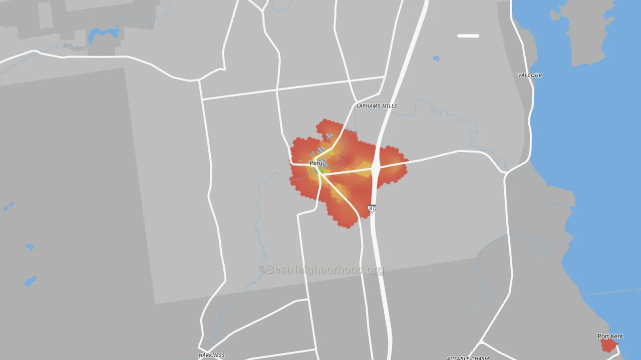 Walk Grade map of 12972, NY, walkable areas in green and car-dependent areas in red
