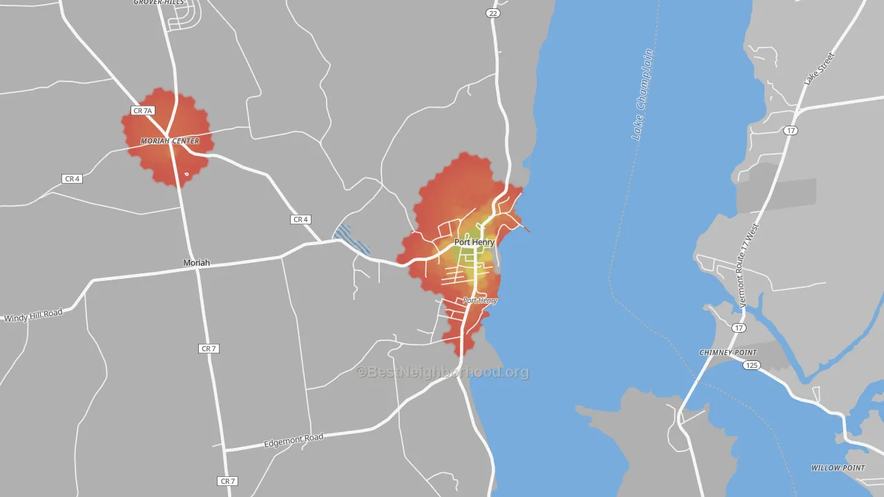 Walk Grade map of 12974, NY, walkable areas in green and car-dependent areas in red