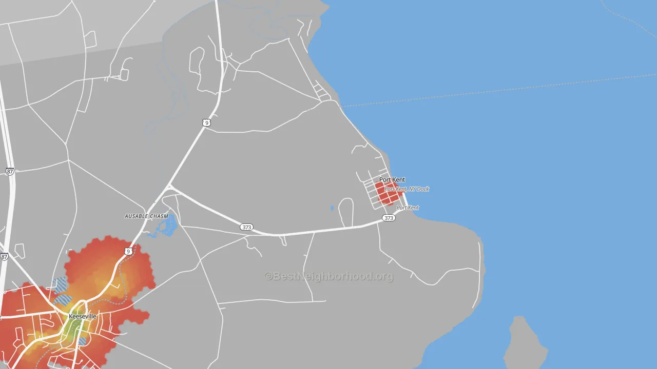 Walk Grade map of 12975, NY, walkable areas in green and car-dependent areas in red