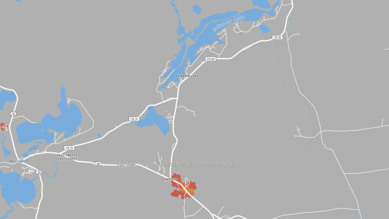 Walk Grade map of 12976, NY, walkable areas in green and car-dependent areas in red