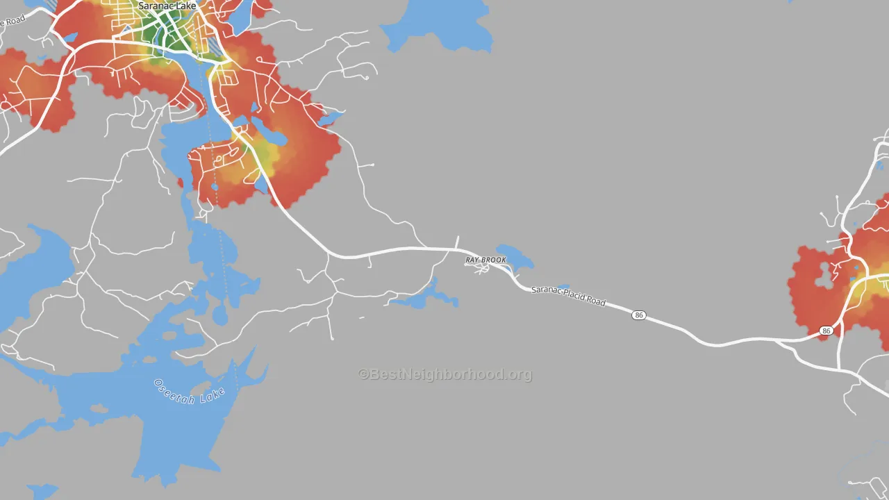 Walk Grade map of 12977, NY, walkable areas in green and car-dependent areas in red