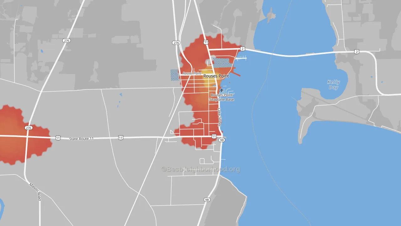 Walk Grade map of 12979, NY, walkable areas in green and car-dependent areas in red