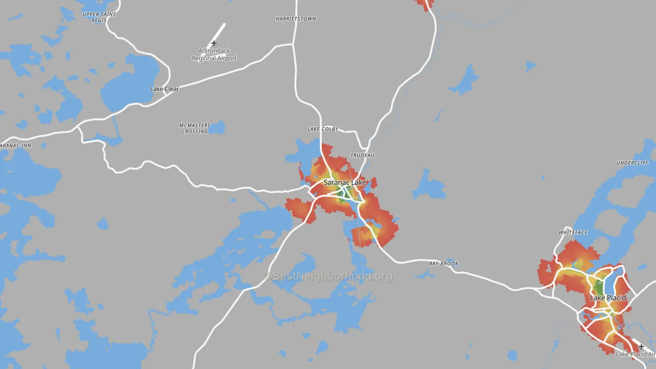 Walk Grade map of 12983, NY, walkable areas in green and car-dependent areas in red