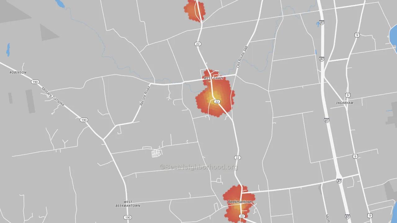 Walk Grade map of 12992, NY, walkable areas in green and car-dependent areas in red