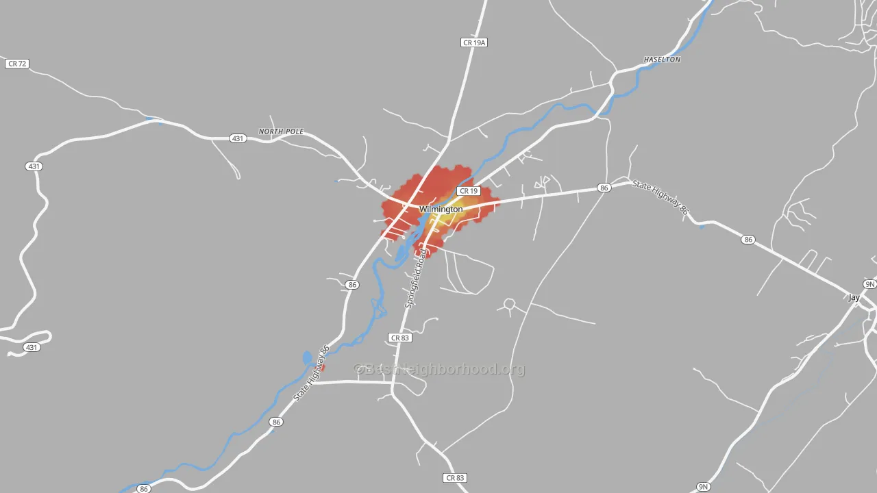 Walk Grade map of 12997, NY, walkable areas in green and car-dependent areas in red
